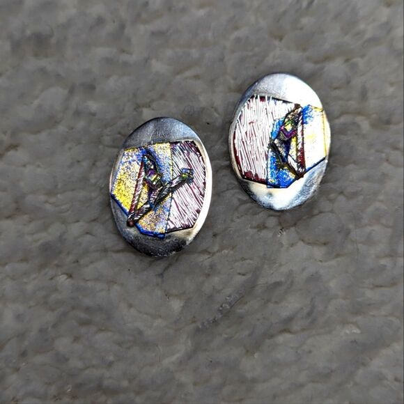Vintage Sterling Silver and Dichroic Glass Accent Clip Earrings - Picture 5 of 8